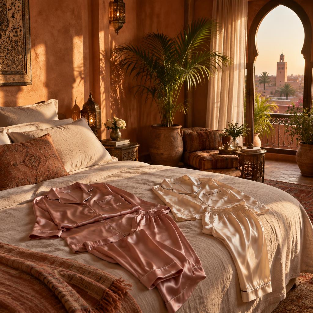 Pyjamas Maison Ayka disposés sur un lit dans une chambre marocaine